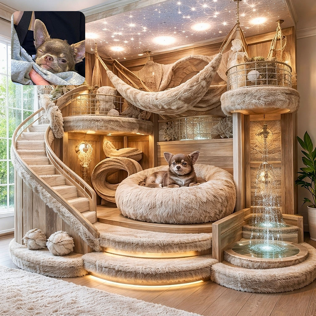 A sleepy little dog, wrapped snugly in a soft grey blanket, giving a half-wink that says 'I'm comfy, don't disturb.' The dog is being gently held by a person wearing a black shirt with a bright Brazilian flag patch, adding a pop of color to the cozy scene.