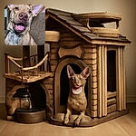 A close-up photo of a happy dog with large ears and a wide smile, tongue out, sitting comfortably on a couch with a blurred background featuring wall art and furniture.