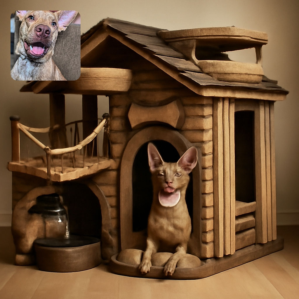 A close-up photo of a happy dog with large ears and a wide smile, tongue out, sitting comfortably on a couch with a blurred background featuring wall art and furniture.