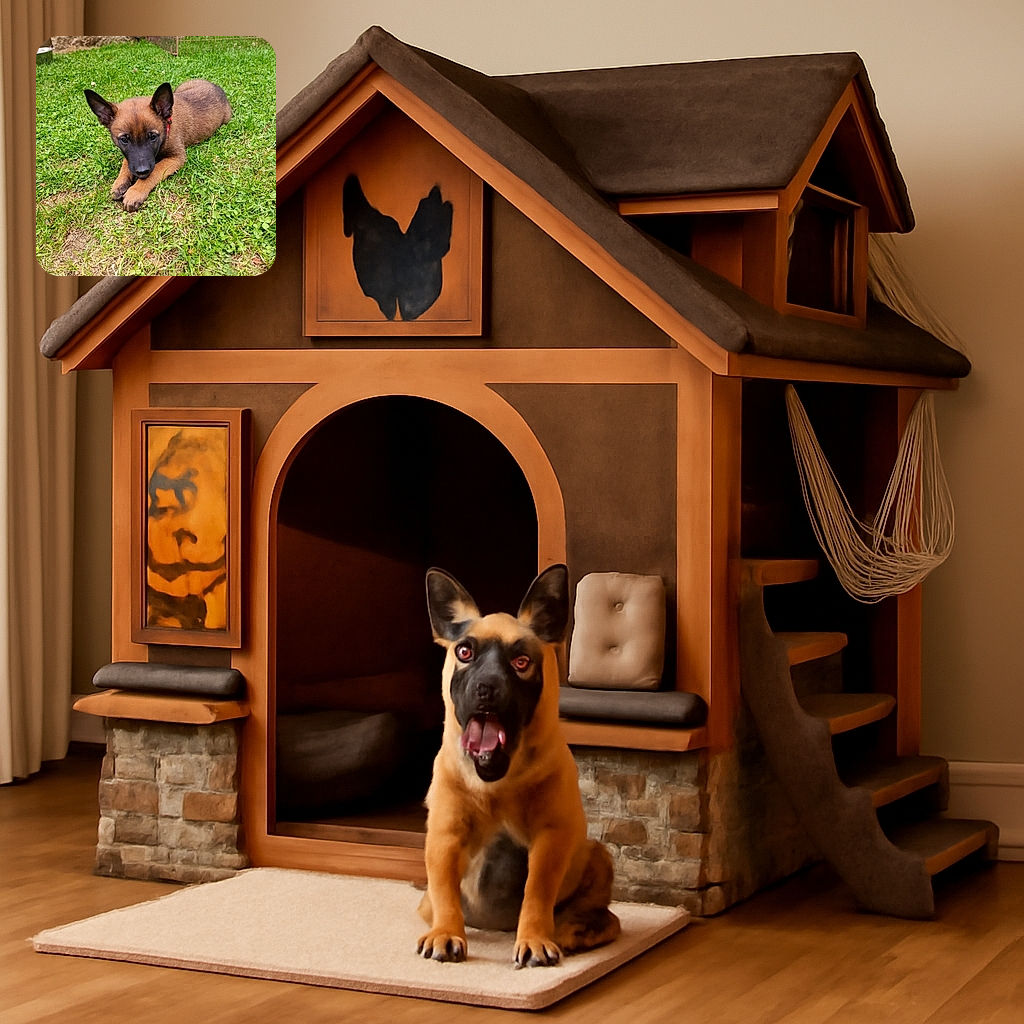 A cute brown puppy with black facial markings is lying on a lush green grassy patch, looking curiously at the camera with its ears perked up, surrounded by a rustic stone wall and a metal cage in the background.
