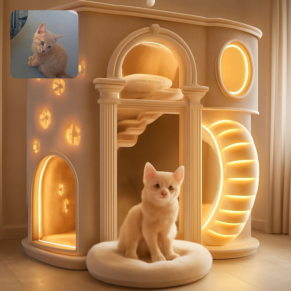 A fluffy orange kitten sits on a smooth floor, looking up with curious eyes and an adorable head tilt, ready to pounce on invisible prey or just steal your heart.