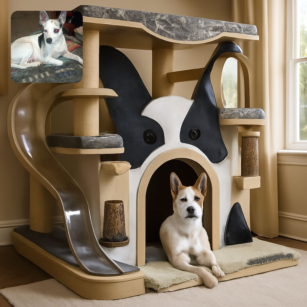 A white dog with black patches lounges on a heavily fur-covered blanket in a cluttered indoor setting. The dog's eyes reflect red from the camera flash, giving it a slightly eerie look, while the background shows a mix of furniture and household items in dim lighting.
