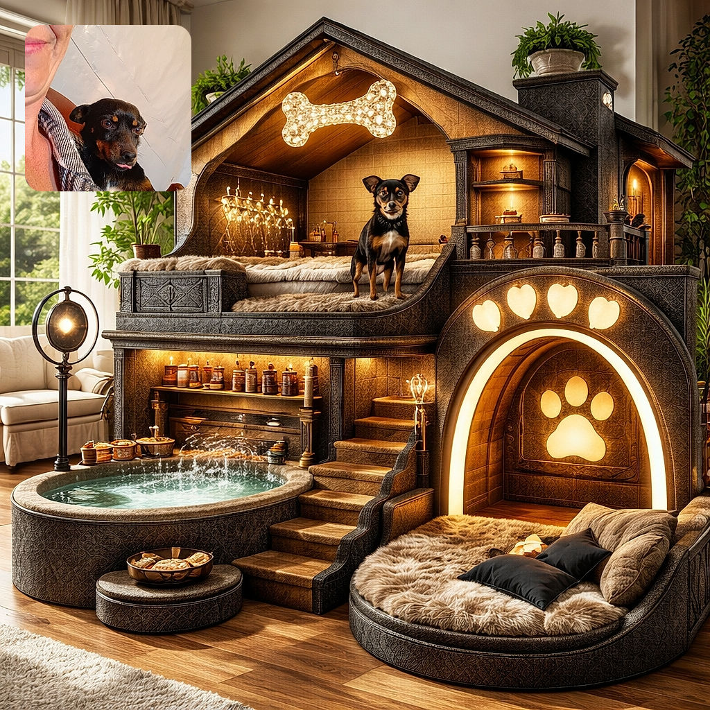 A cozy selfie of a small black-and-tan dog being held against a person's chest — the pup sticks its tongue out like a tiny critic while the person's cheek and plaid shirt frame the scene. Plain wrinkled wall in the background, warm indoor lighting, candid and affectionate.