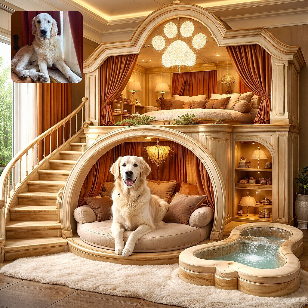 A majestic golden retriever lounges like a furry monarch on the windowsill, soaking up the light with a soulful stare and oversized paws draped like royal scepters. Curtains provide dramatic theater, while the dog offers quiet dignity and mild judgment for your camera skills.