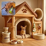 A small tan dog lies on a patterned blanket looking thoughtfully to the side, next to a bright green plush toy shaped like a beer bottle labeled 'Dos Patas Cerveza'. The cozy setting and the dog's calm expression make for a charming, casual snapshot.