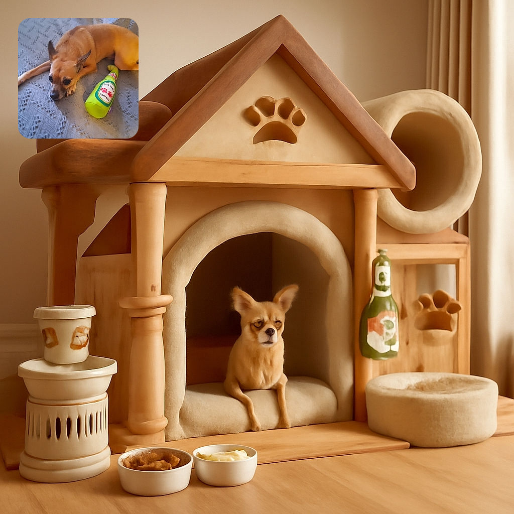A small tan dog lies on a patterned blanket looking thoughtfully to the side, next to a bright green plush toy shaped like a beer bottle labeled 'Dos Patas Cerveza'. The cozy setting and the dog's calm expression make for a charming, casual snapshot.