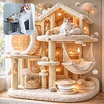 A fluffy orange and white cat lounges elegantly on a cozy cat tree near a window, stretching its paw towards the camera with a curious and relaxed expression, bathed in soft natural light that highlights its silky fur.