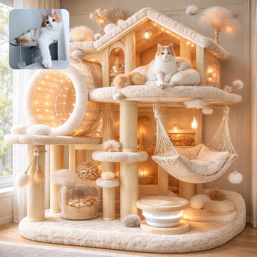 A fluffy orange and white cat lounges elegantly on a cozy cat tree near a window, stretching its paw towards the camera with a curious and relaxed expression, bathed in soft natural light that highlights its silky fur.