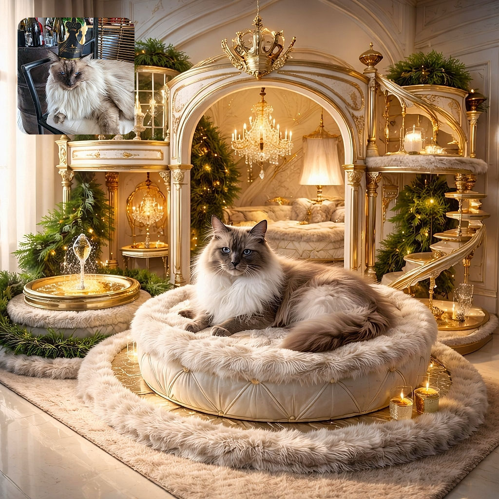 A majestic fluffy cat wearing a tiny cardboard crown like it pays rent, glaring with icy blue eyes while lounging on a chair — the self-declared monarch of the living room, surrounded by wine bottles and houseplants.