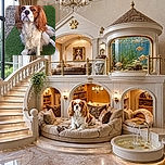 A splendid Cavalier King Charles Spaniel sits on the grass, gazing upward with the solemn dignity of a tiny, long-eared aristocrat who has just been asked to explain the missing treats. The pebbled path and lawn create a pleasant outdoor setting, while the fluffy coat and expressive face steal the entire show.