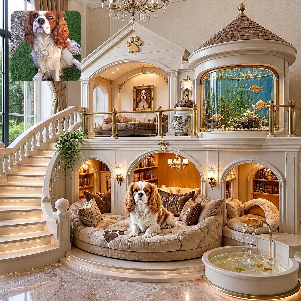 A splendid Cavalier King Charles Spaniel sits on the grass, gazing upward with the solemn dignity of a tiny, long-eared aristocrat who has just been asked to explain the missing treats. The pebbled path and lawn create a pleasant outdoor setting, while the fluffy coat and expressive face steal the entire show.