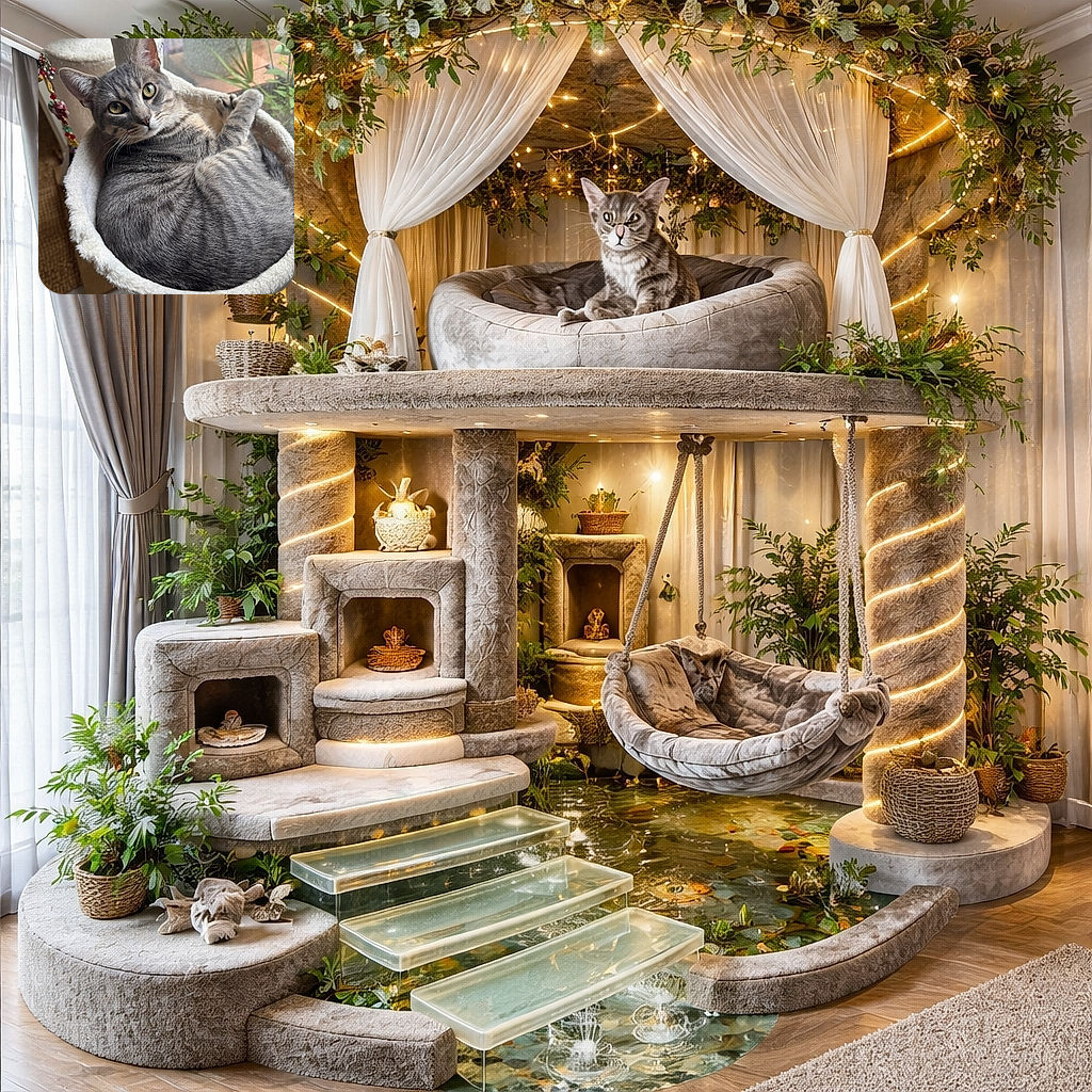 A cozy gray tabby cat curled up comfortably in a fluffy cat bed by the window, gazing curiously with bright yellow eyes. The soft natural light highlights the cat's beautiful fur patterns, while green plants outside add a fresh touch to the background.