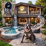 A grin-first pitbull steals the spotlight, sitting proudly between the owner's legs on a park bench — tongue out, harness snug, and eyes begging for snacks while the bearded man in a hoodie smiles behind him; parking lot, mountains, and a stray iced coffee cup complete the scene.