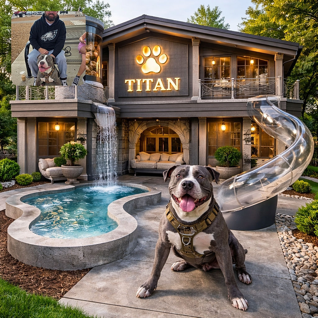A grin-first pitbull steals the spotlight, sitting proudly between the owner's legs on a park bench — tongue out, harness snug, and eyes begging for snacks while the bearded man in a hoodie smiles behind him; parking lot, mountains, and a stray iced coffee cup complete the scene.