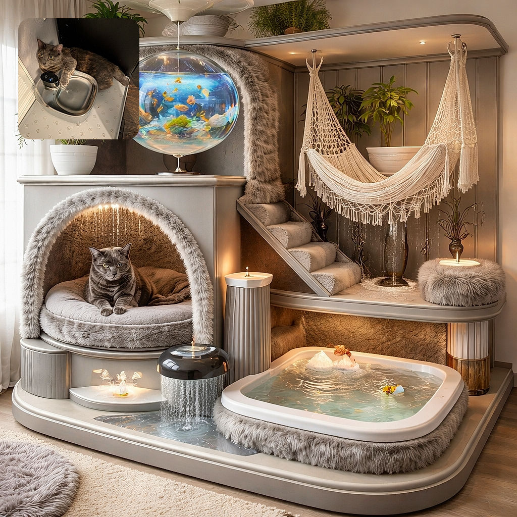 A wide-eyed cat has parked itself beside a stainless-steel water fountain, one paw possessively on the dispenser as if operating its own espresso machine—part guardian, part hydrologist, totally unimpressed by your interruptions.