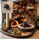 A tortoiseshell cat with bright yellow eyes is playfully lying on a wooden floor, clutching a white shoelace in its paws, looking up with curious intensity.