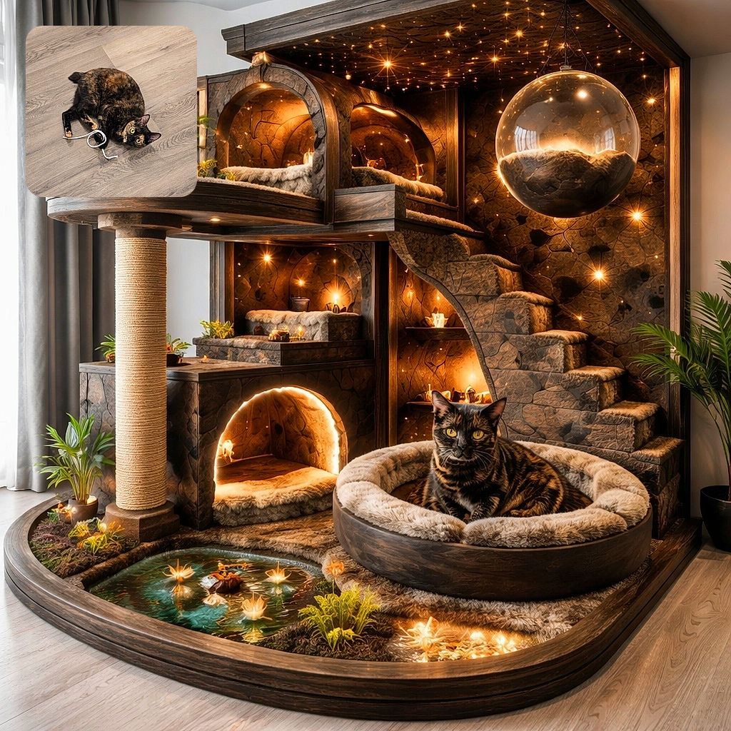 A tortoiseshell cat with bright yellow eyes is playfully lying on a wooden floor, clutching a white shoelace in its paws, looking up with curious intensity.