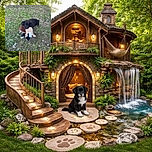 A fluffy black puppy with white paws is lying on patchy grass, proudly clutching a plush toy in its mouth, looking both adorable and slightly mischievous as if guarding its prized possession.