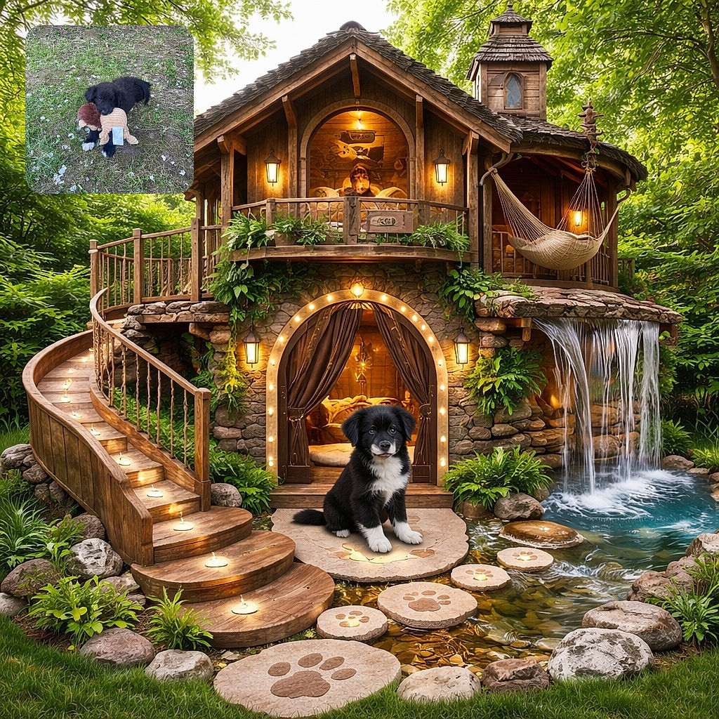 A fluffy black puppy with white paws is lying on patchy grass, proudly clutching a plush toy in its mouth, looking both adorable and slightly mischievous as if guarding its prized possession.