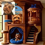 A fluffy brown dog with a charming beard and a cute blue bow on its head poses adorably on a tiled floor, giving off serious 'I'm ready for my close-up' vibes.