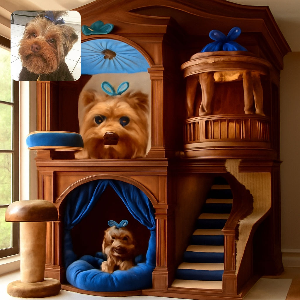 A fluffy brown dog with a charming beard and a cute blue bow on its head poses adorably on a tiled floor, giving off serious 'I'm ready for my close-up' vibes.