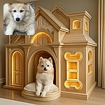 A fluffy, cream-colored husky puppy with striking blue eyes lounges on a tiled floor, looking directly at the camera with a calm and curious expression.
