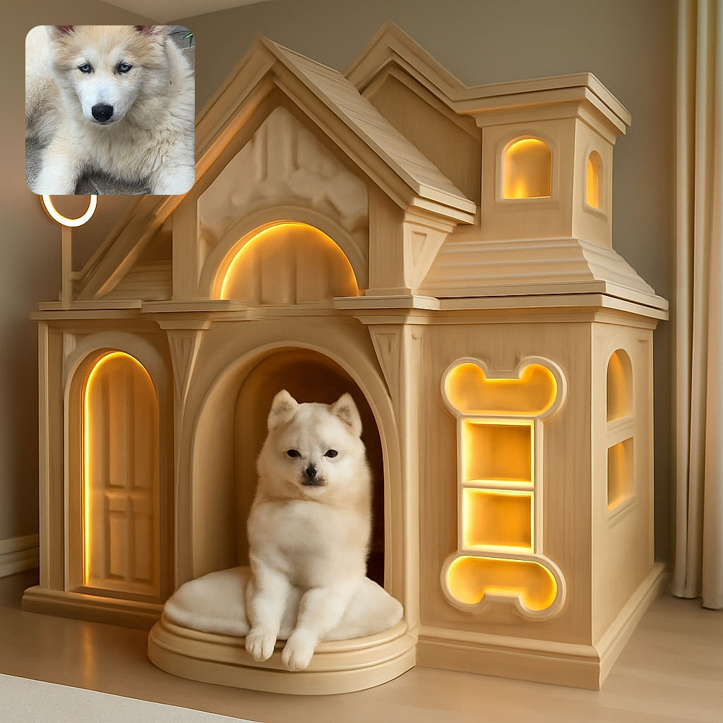 A fluffy, cream-colored husky puppy with striking blue eyes lounges on a tiled floor, looking directly at the camera with a calm and curious expression.