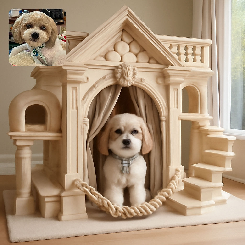 A fluffy, adorable dog with a curly cream and white coat lounges comfortably on a quilted blanket, wearing a stylish green and white bandana. The background shows a cozy indoor setting with furniture and household items slightly out of focus, emphasizing the dog's sweet and calm expression.