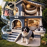 A fluffy black and white dog wearing a striped onesie lies on its back looking surprised or comically startled as a hand gently pets its belly on a carpeted floor next to a soft blanket.