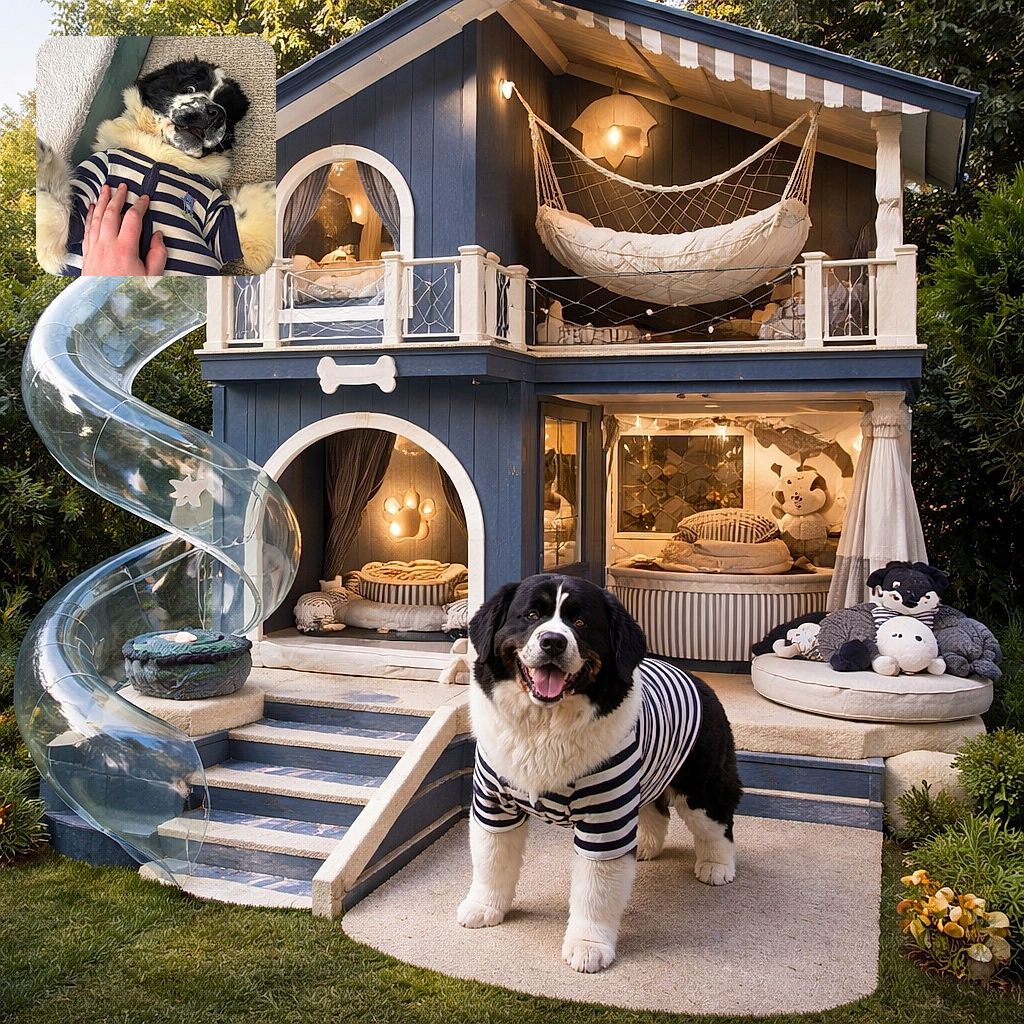 A fluffy black and white dog wearing a striped onesie lies on its back looking surprised or comically startled as a hand gently pets its belly on a carpeted floor next to a soft blanket.