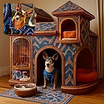 A charming small dog with large, expressive ears glows warmly in the sunlight while wearing a stylish denim vest, sitting comfortably in a car adorned with colorful, patterned seat covers.