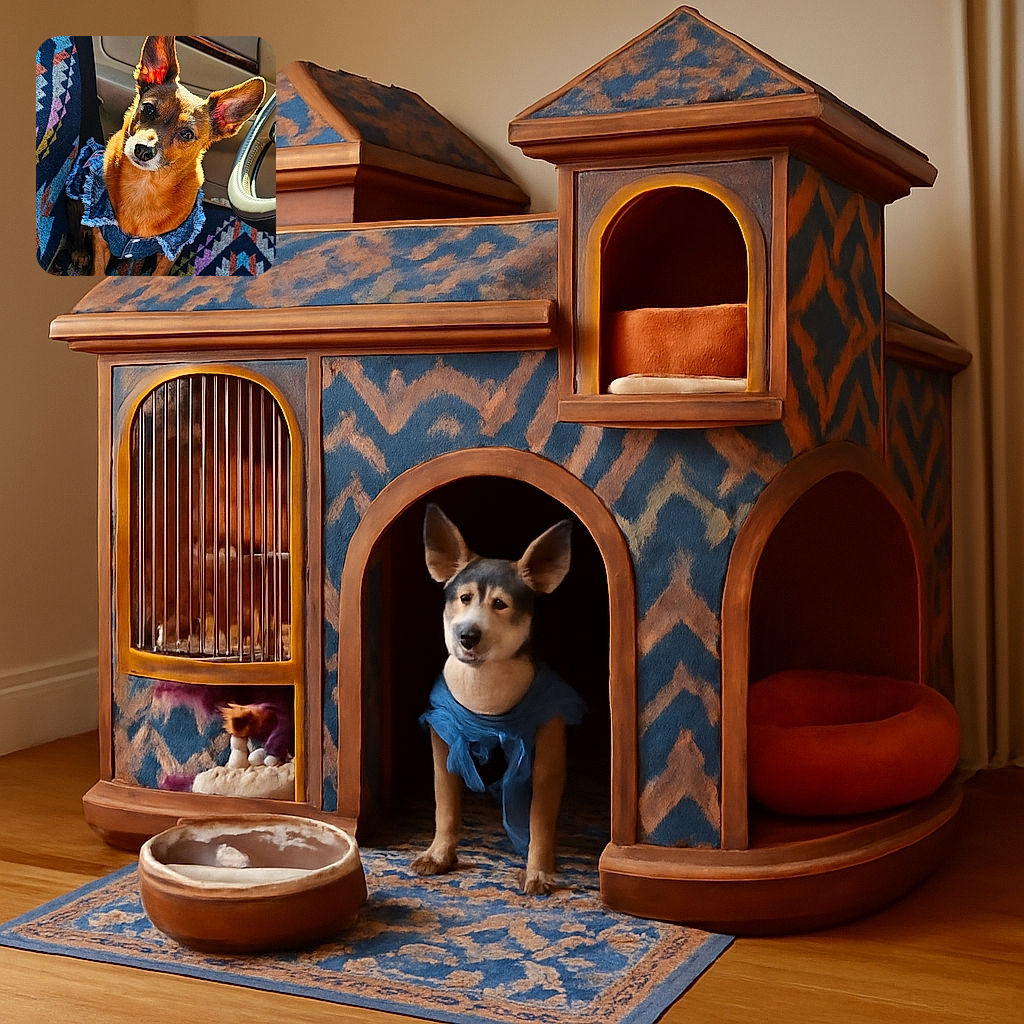 A charming small dog with large, expressive ears glows warmly in the sunlight while wearing a stylish denim vest, sitting comfortably in a car adorned with colorful, patterned seat covers.