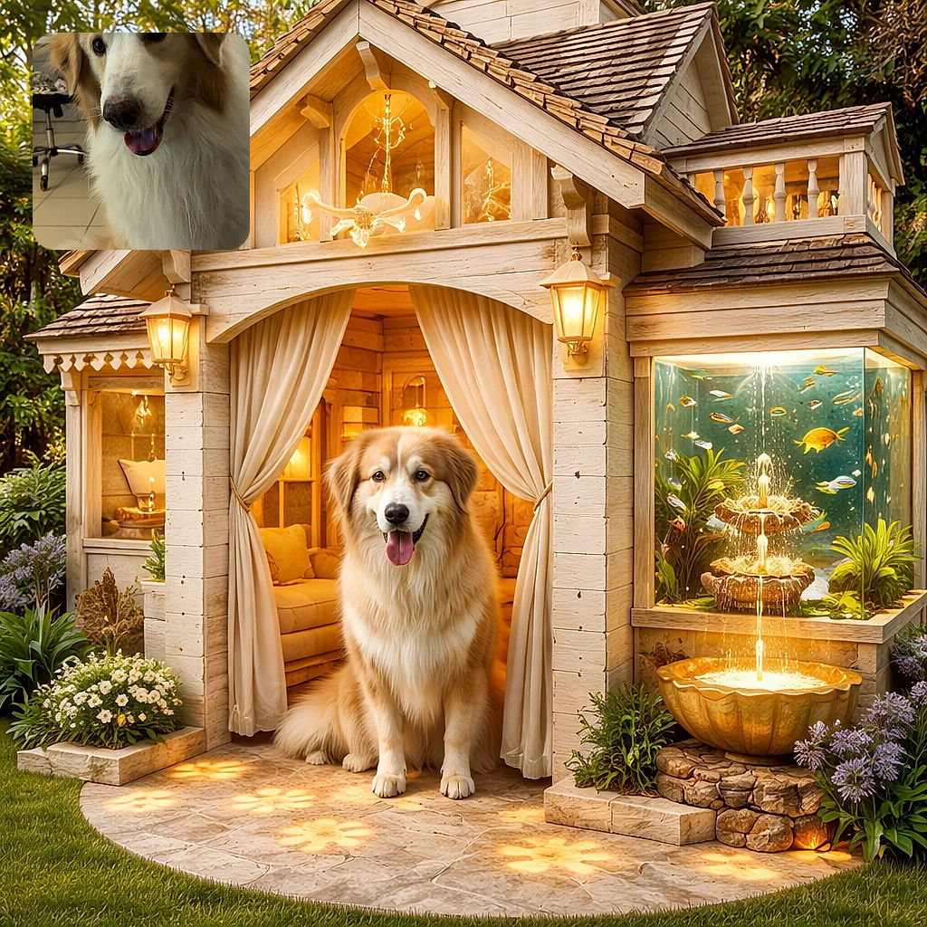 A fluffy, happy dog with a white and light brown coat sits indoors on a tiled floor, looking eagerly at the camera with its tongue slightly out, surrounded by a kitchen and office chair background.