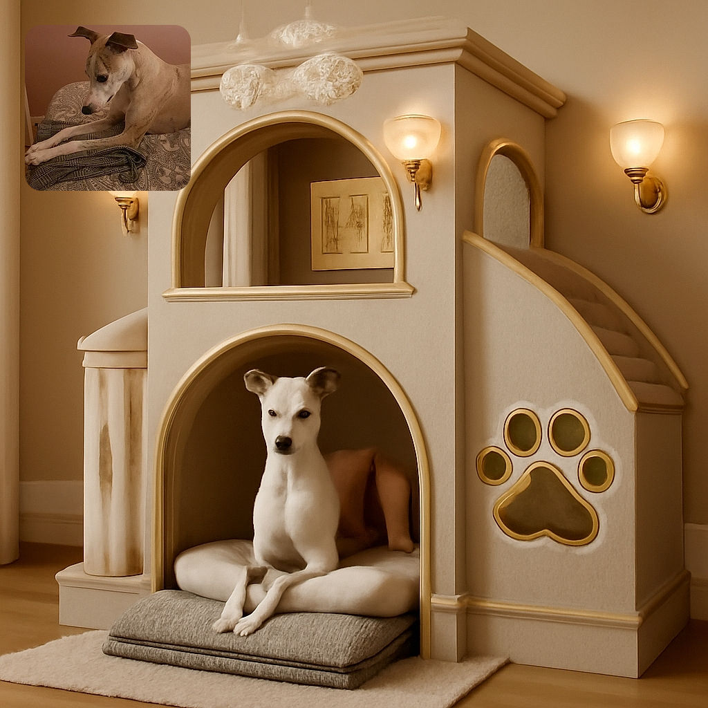 A slender dog with expressive ears stretches its paws on a patterned bedspread, seemingly pondering the mysteries of the fabric folds. The warm lighting and muted wall color create a cozy, intimate atmosphere.