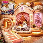 An unimpressed orange-and-white tabby lounges like royalty on a plaid throne while a pink ribbon-themed backdrop stages a tiny awareness rally behind them — the cat's face says 'I tolerate your decorations.' Cozy, slightly cluttered, and utterly dignified.