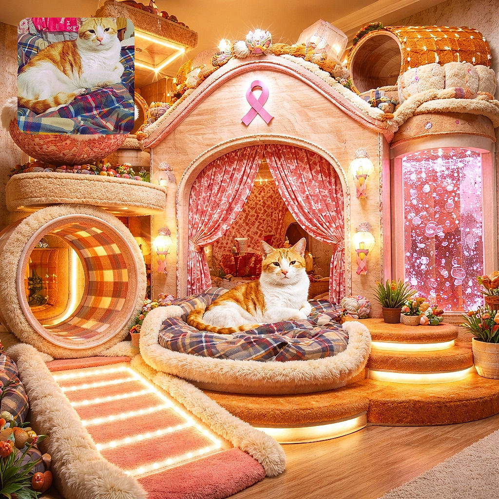 An unimpressed orange-and-white tabby lounges like royalty on a plaid throne while a pink ribbon-themed backdrop stages a tiny awareness rally behind them — the cat's face says 'I tolerate your decorations.' Cozy, slightly cluttered, and utterly dignified.
