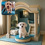 A fluffy white dog with big eyes and a slightly blurry face excitedly stands on a blue textured couch, looking like it's ready for a close-up or a treat, with a cozy living room background.