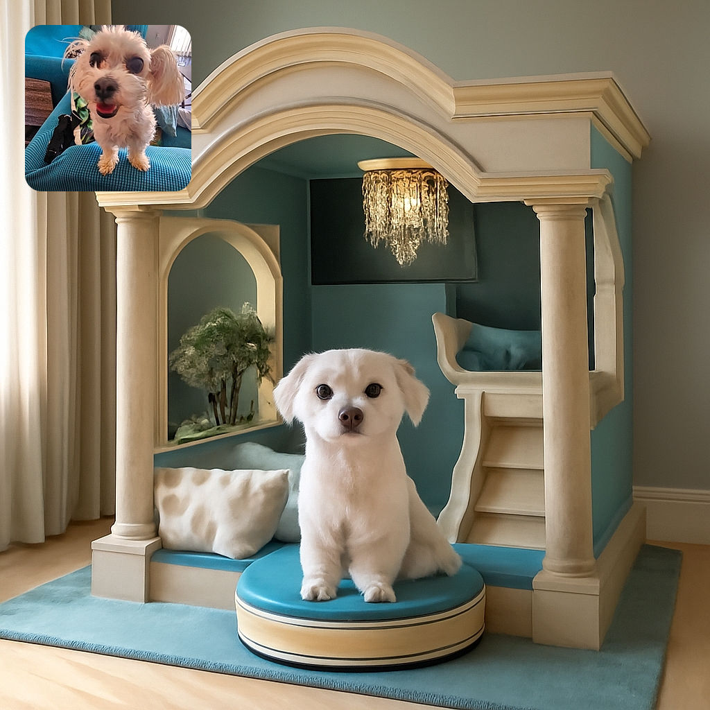 A fluffy white dog with big eyes and a slightly blurry face excitedly stands on a blue textured couch, looking like it's ready for a close-up or a treat, with a cozy living room background.