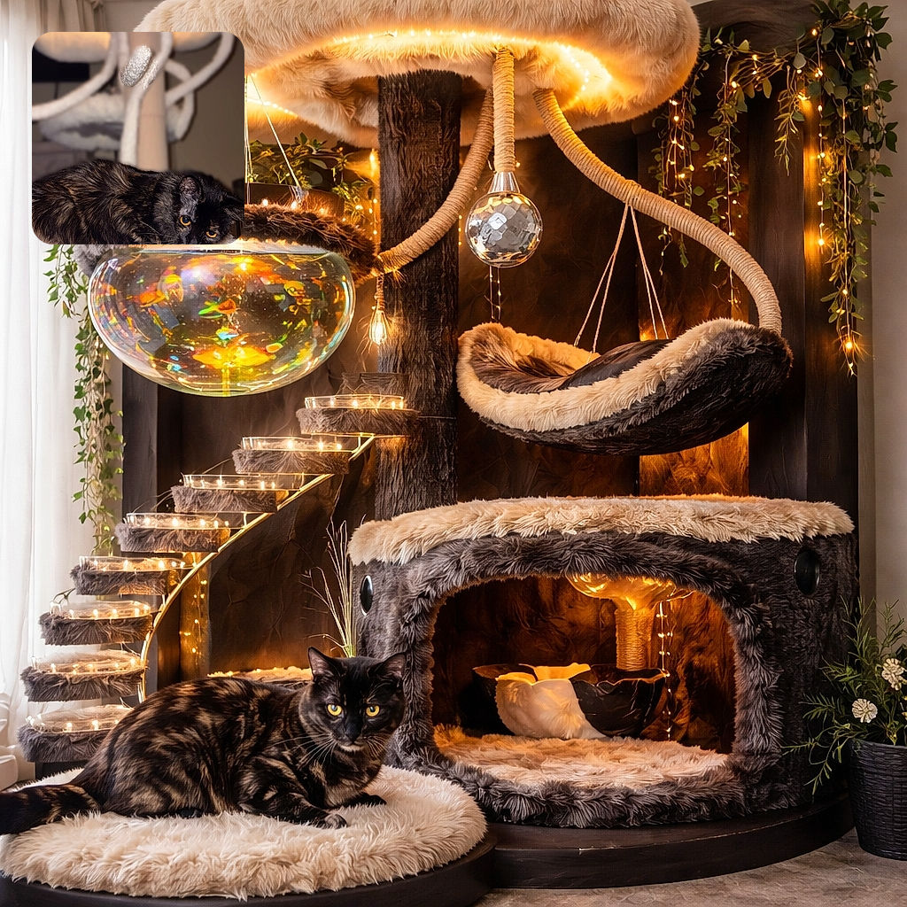A fluffy tortoiseshell cat with striking amber eyes lounges on a cozy, white, fuzzy surface with an elaborate cat tree blurred in the background, looking curiously at something off-camera.