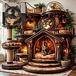 A close-up photo of a tortoiseshell cat with striking green eyes, sitting indoors against a neutral background with a decorative mirror hanging on the wall.