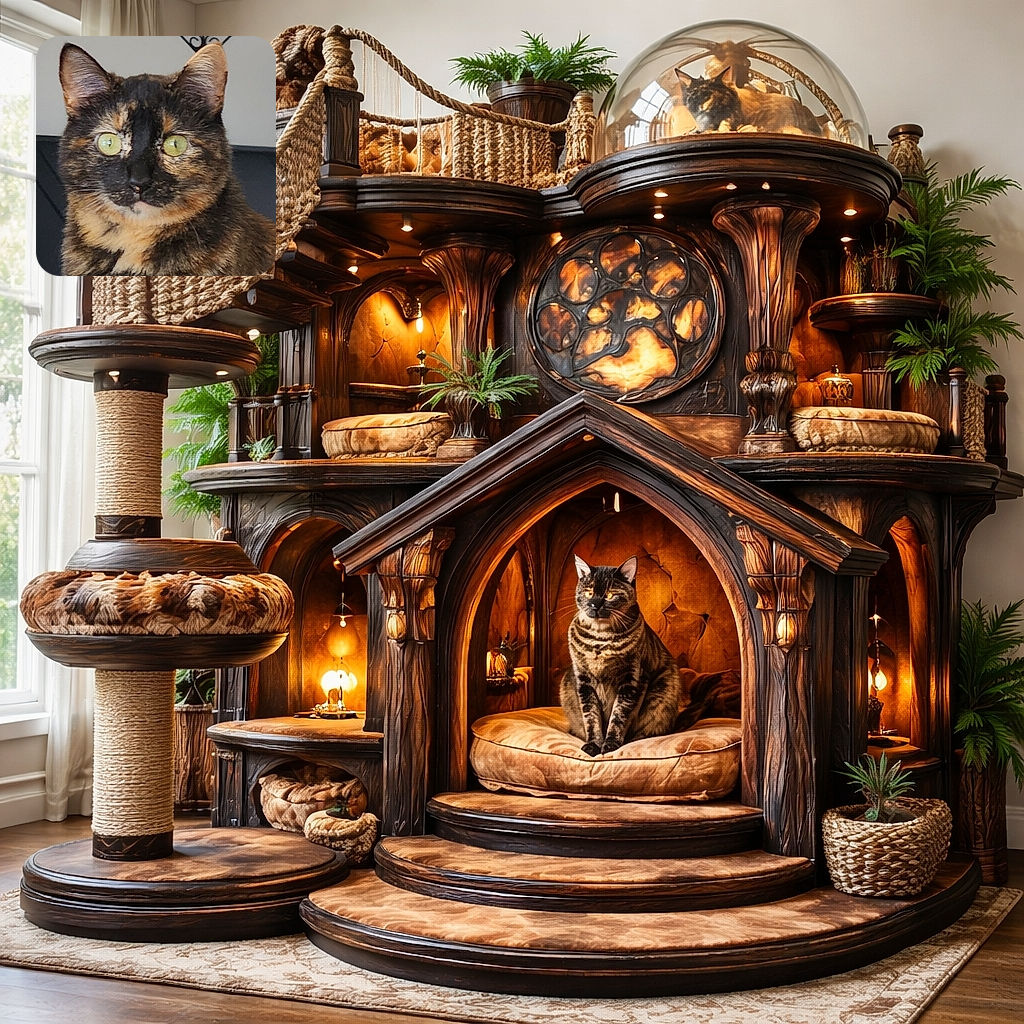 A close-up photo of a tortoiseshell cat with striking green eyes, sitting indoors against a neutral background with a decorative mirror hanging on the wall.