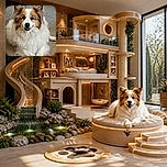 A fluffy brown-and-white dog lounges on the carpet with the relaxed confidence of a furry little landlord, gazing at the camera as if waiting for rent in treats. A cozy sofa, textured rug, and a small container complete the homey scene.