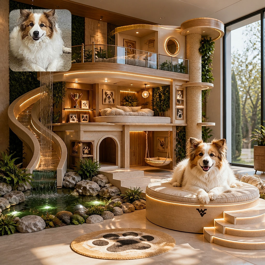 A fluffy brown-and-white dog lounges on the carpet with the relaxed confidence of a furry little landlord, gazing at the camera as if waiting for rent in treats. A cozy sofa, textured rug, and a small container complete the homey scene.