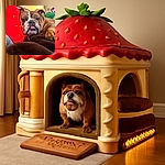A close-up shot of a grumpy yet adorable bulldog lounging on a brown blanket, resting its head against a bright red pillow with green leaf details. In the background, a person in green shorts is casually holding a phone, adding a cozy, everyday vibe to the scene.