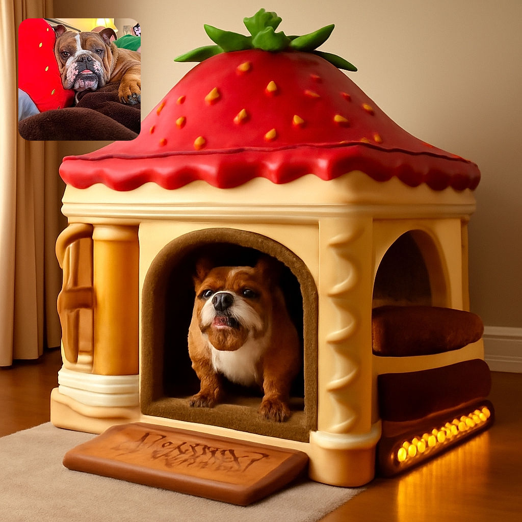 A close-up shot of a grumpy yet adorable bulldog lounging on a brown blanket, resting its head against a bright red pillow with green leaf details. In the background, a person in green shorts is casually holding a phone, adding a cozy, everyday vibe to the scene.