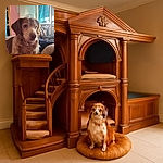 A thoughtful dog with soulful eyes sits indoors, bathed in warm natural light from a window. The background shows a cozy room with patterned cushions and furniture, creating a homely atmosphere.