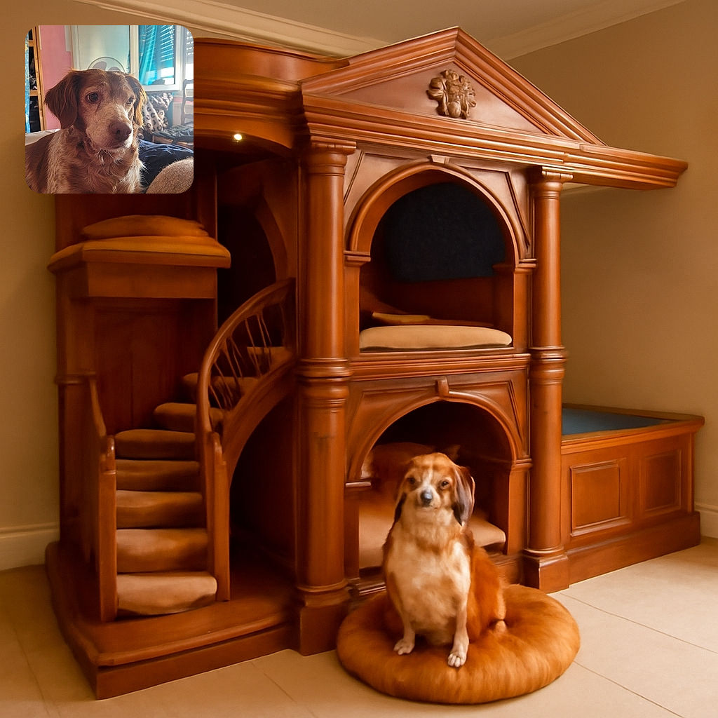 A thoughtful dog with soulful eyes sits indoors, bathed in warm natural light from a window. The background shows a cozy room with patterned cushions and furniture, creating a homely atmosphere.