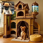 A close-up shot of an adorable small dog with a slightly blurred face, sitting on a brown couch with a patterned blanket in the background. The dog's ears are perked up, giving it an inquisitive look, while the lighting is natural but a bit soft, making the image feel cozy and casual.