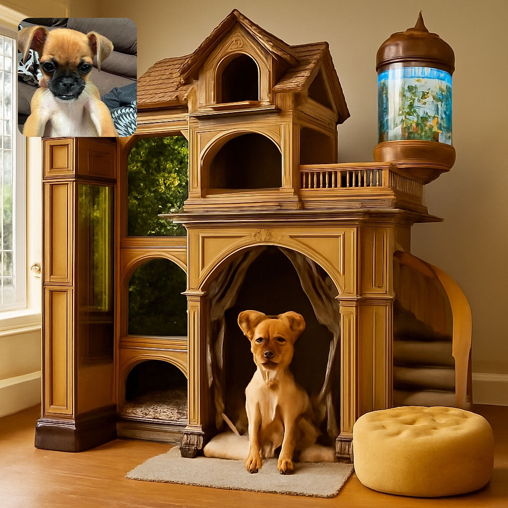 A close-up shot of an adorable small dog with a slightly blurred face, sitting on a brown couch with a patterned blanket in the background. The dog's ears are perked up, giving it an inquisitive look, while the lighting is natural but a bit soft, making the image feel cozy and casual.