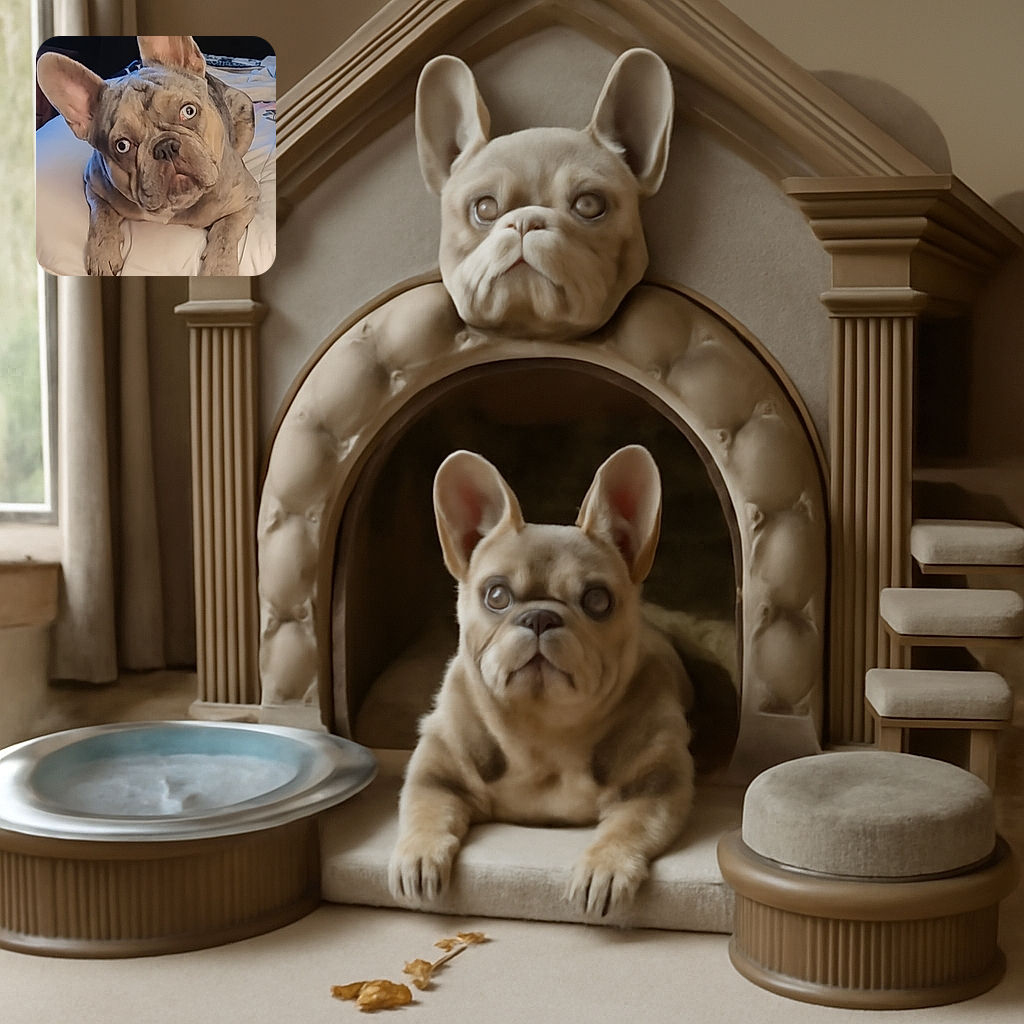 A charming French Bulldog with striking blue eyes is lying on a cozy white bedspread, looking up with an adorably curious expression, as if wondering what adventure awaits next.